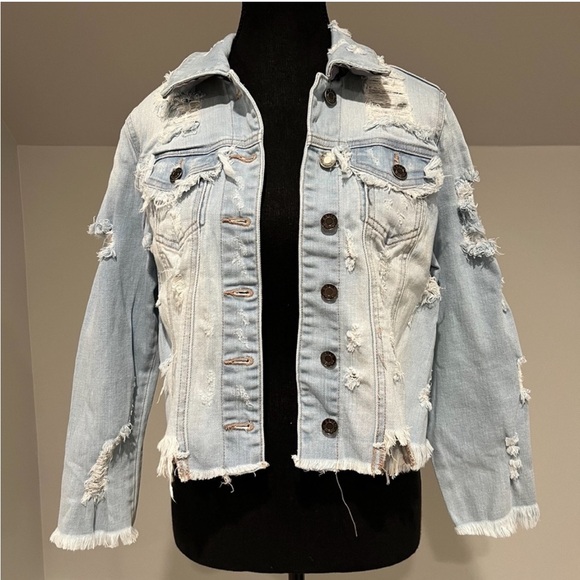 NWT heavily distressed denim jacket w/ Chanel Gray/Black scarf print in S/M - Picture 2 of 5